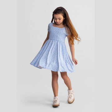 Floral Dress Shirred Bodice Light Blue: Light Blue / 6-7 Y (116-122 cm)