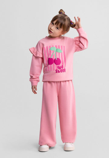 Frill Sleeve Tracksuit Set, Cherry Print, Pink: Light Pink / 3-4 Y (98-104 cm)