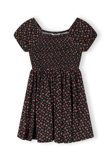 Floral Shirred Dress, Black Red Flowers: Black / 6-7 Y (116-122 cm)